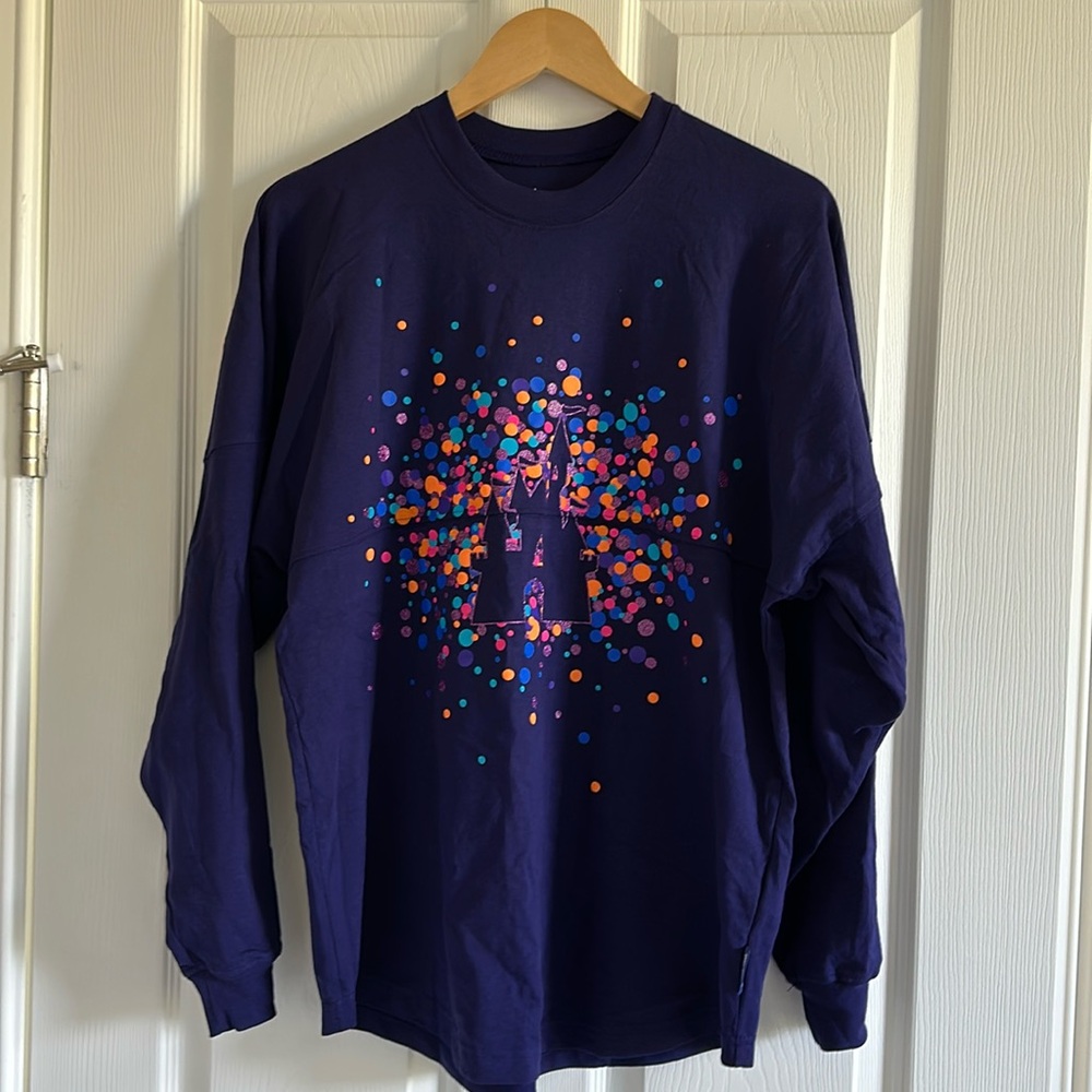 Disney Long Sleeve Tee - Navy with Multicolor Confetti Castle Graphic